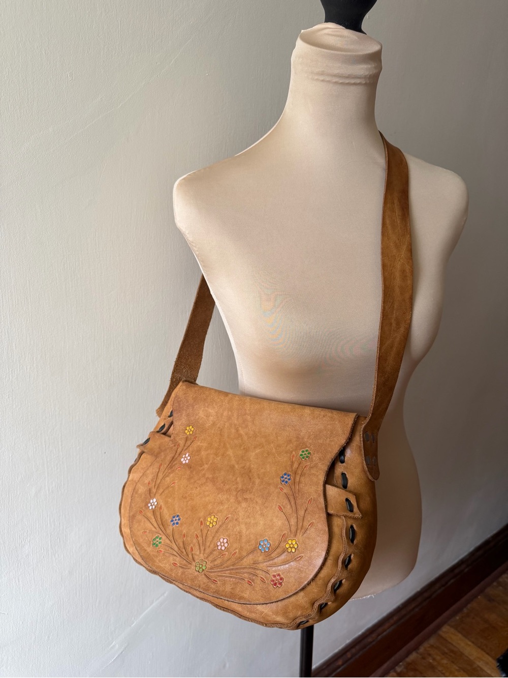 Vintage Boho Leather Crossbody Bag Hand Painted Floral Festival Purse